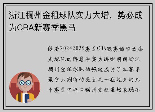 浙江稠州金租球队实力大增，势必成为CBA新赛季黑马