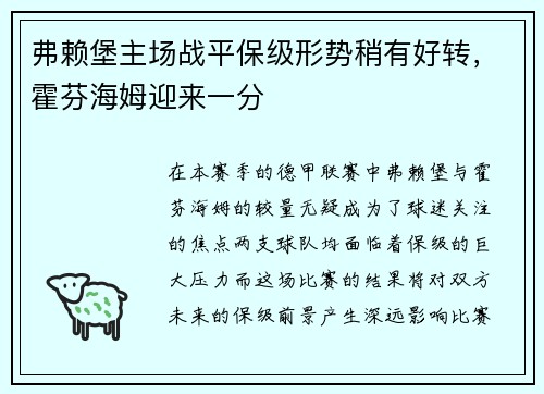 弗赖堡主场战平保级形势稍有好转，霍芬海姆迎来一分