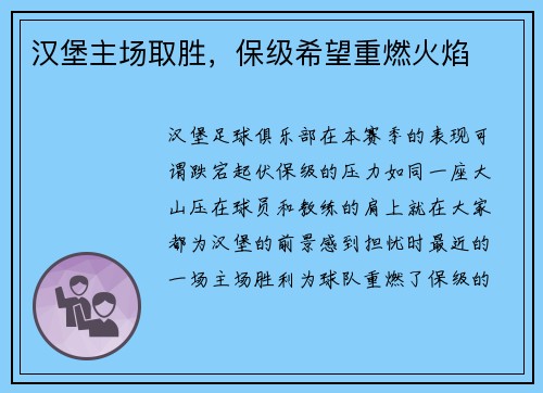 汉堡主场取胜，保级希望重燃火焰